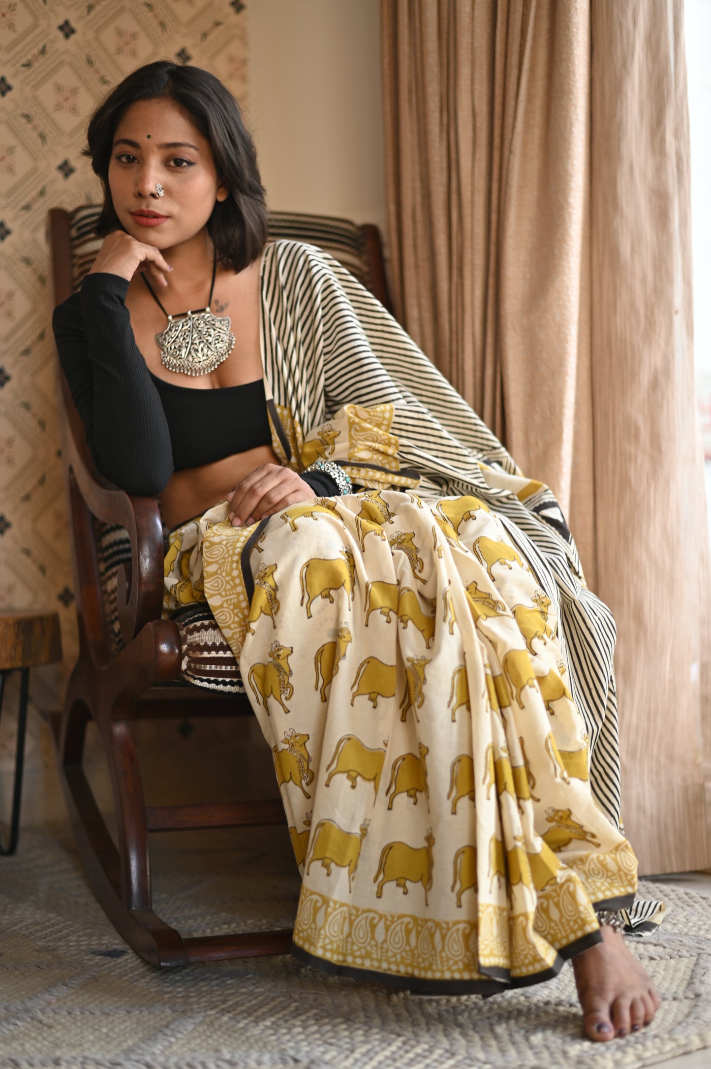 Pichwai Yellow Ajrakh Mulmul Saree