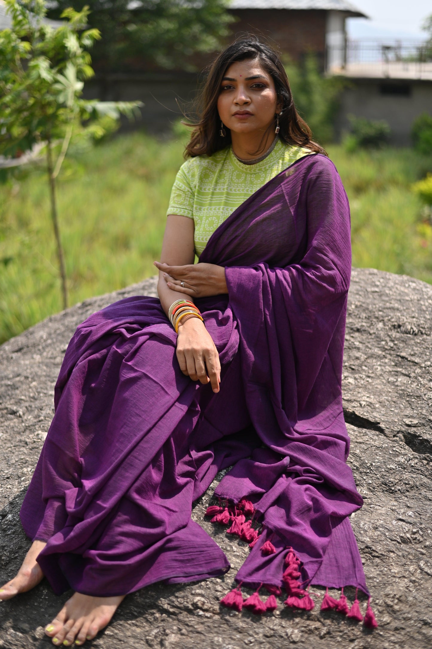 Blueberry Pie - Plain Royal Purple Mul Cotton Saree
