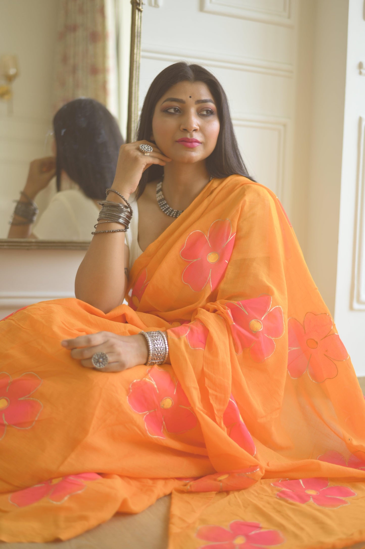 Tangerine Mulmul Saree - Mayin India