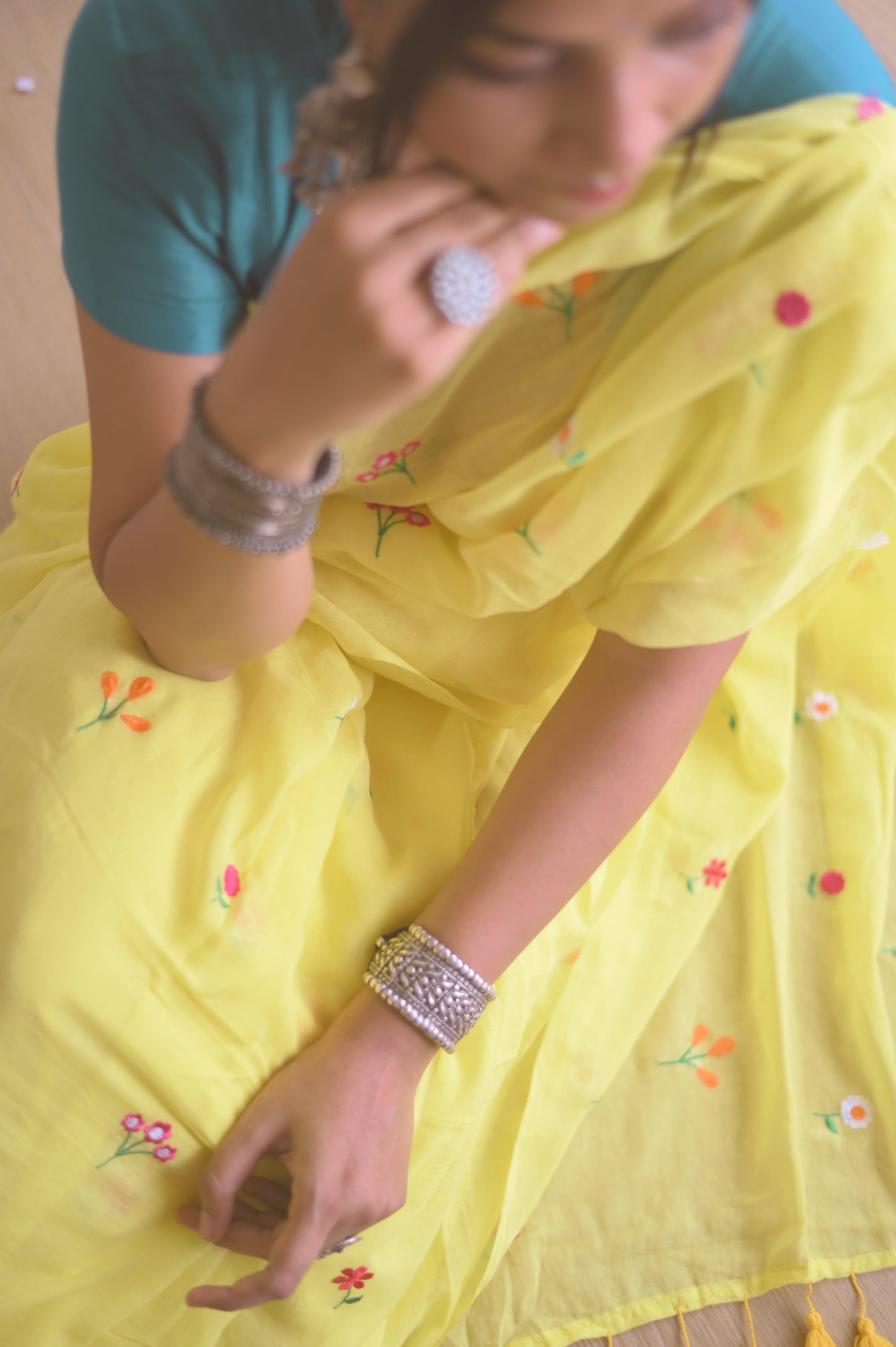 Gardenalia Yellow Mul Saree - Mayin India