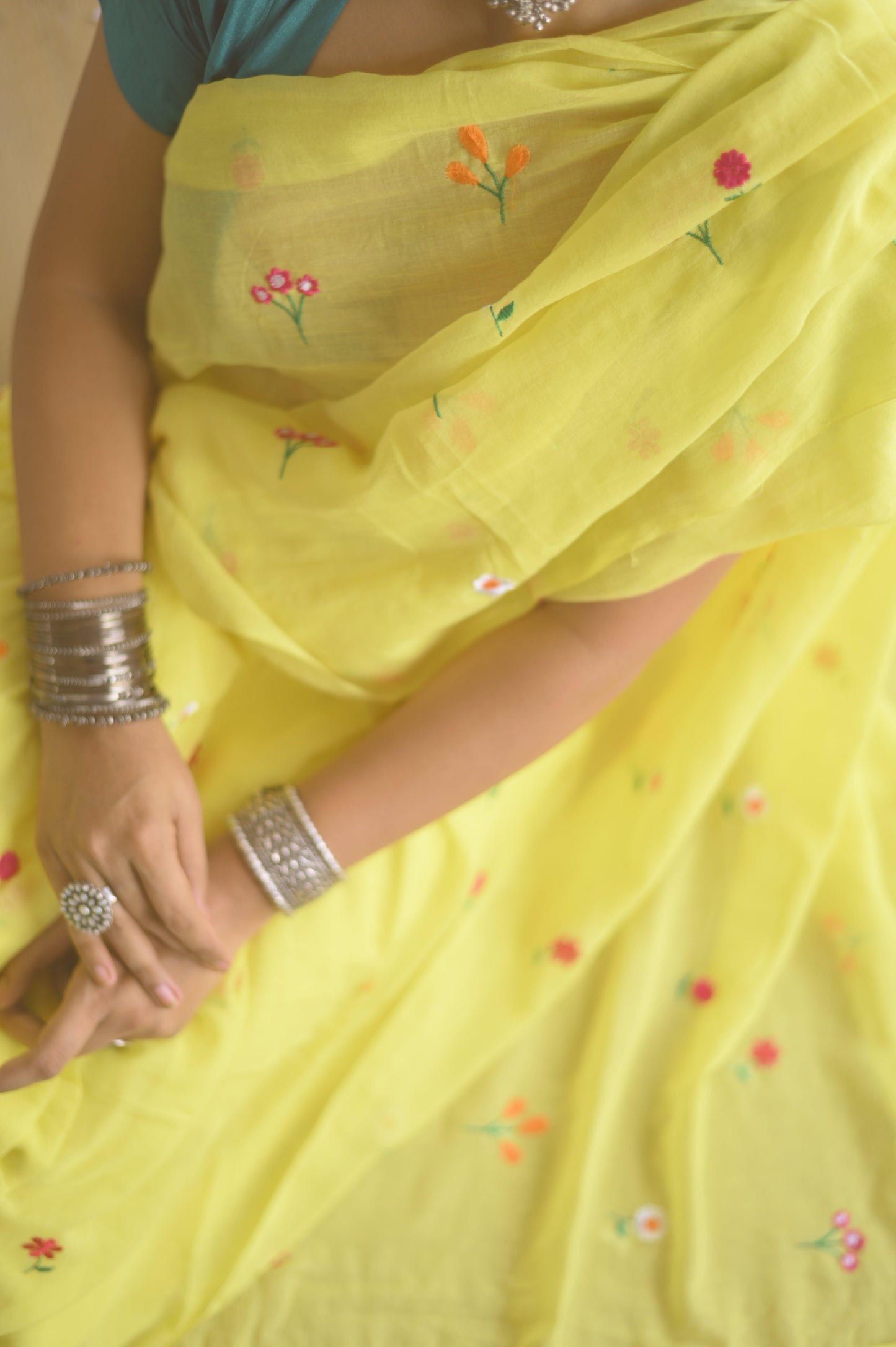Gardenalia Yellow Mul Saree - Mayin India
