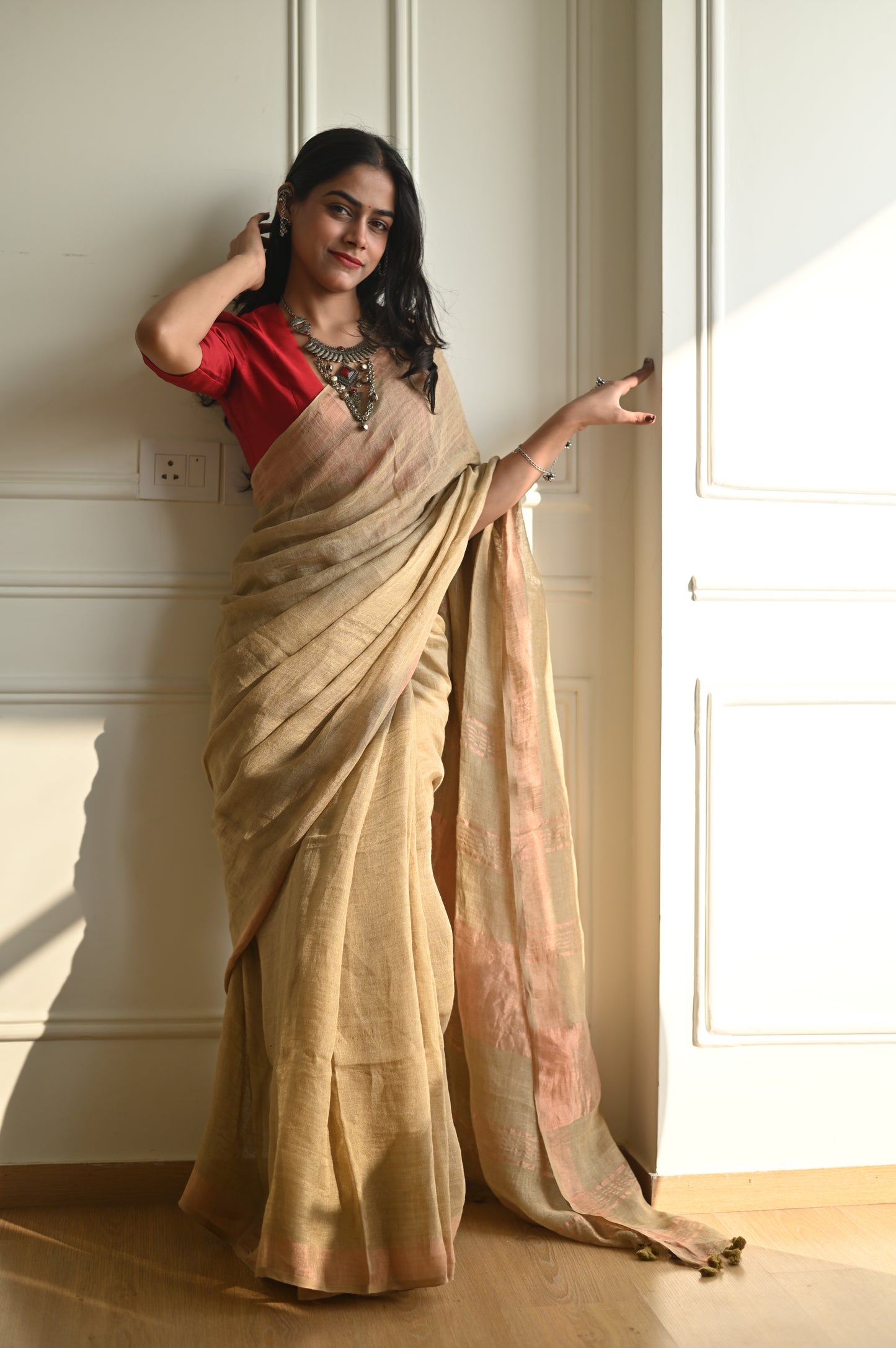 Beige Handloom Linen Saree