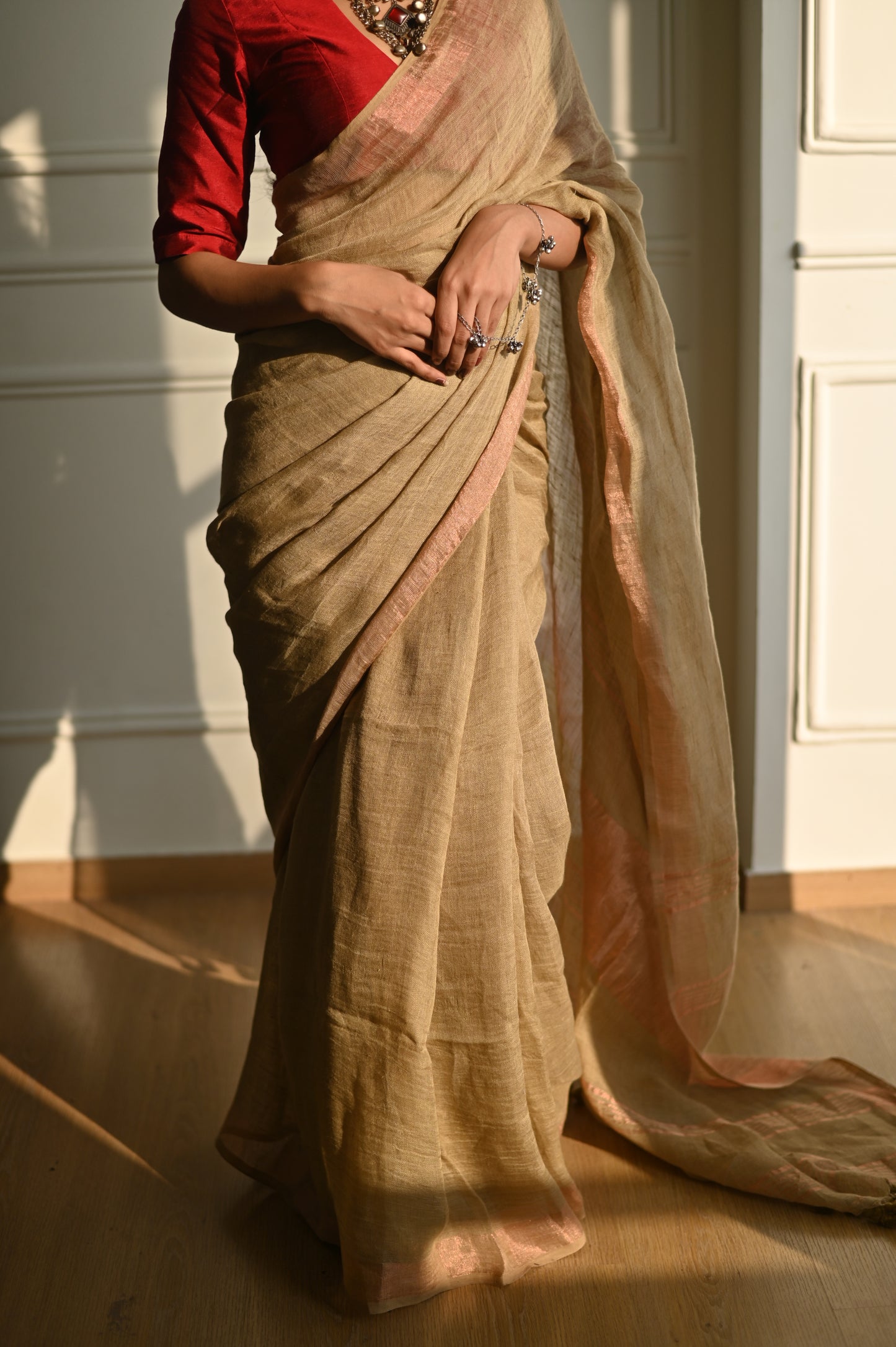 Beige Handloom Linen Saree