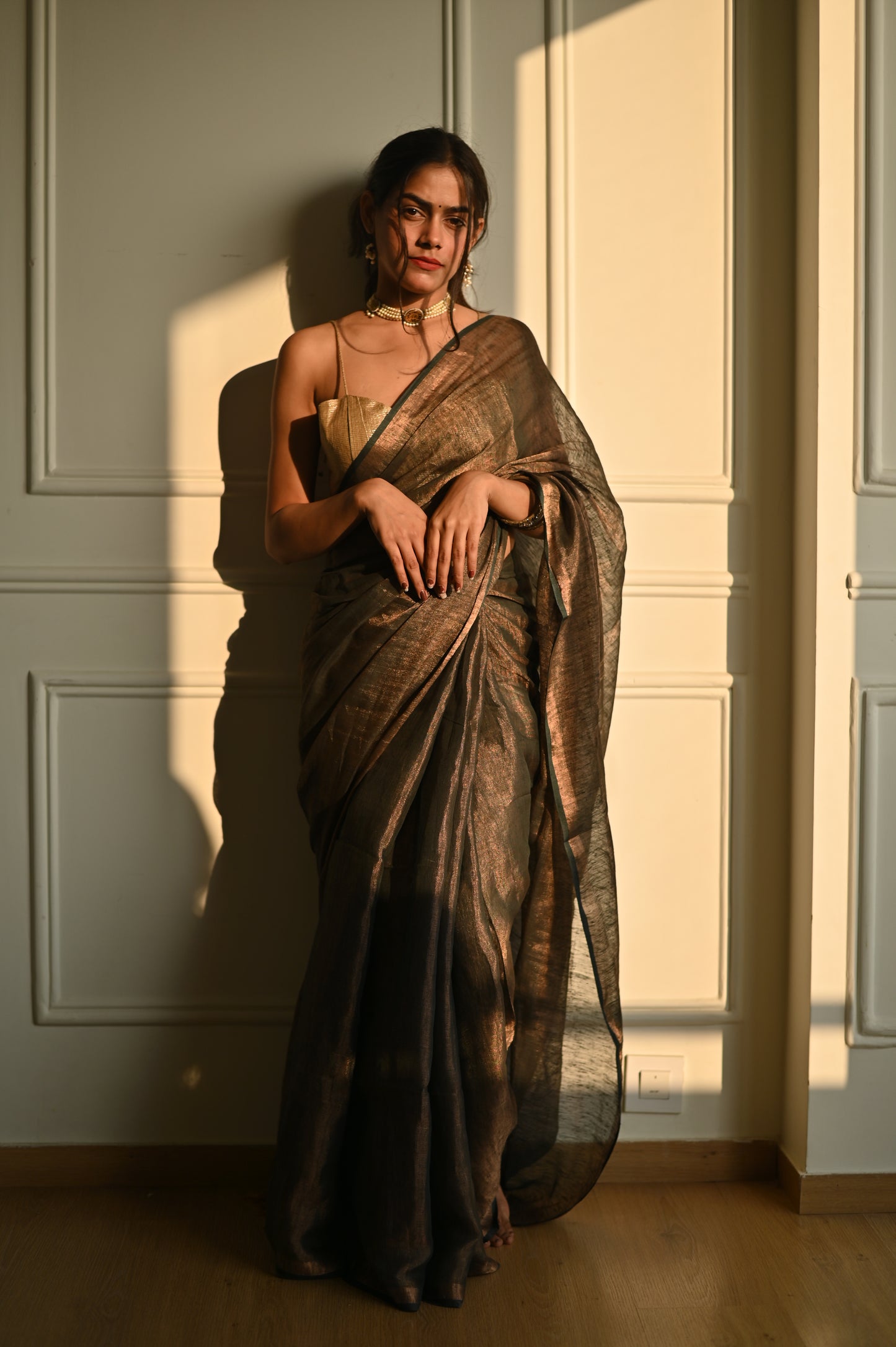 Champagne Gold Linen Tissue Saree