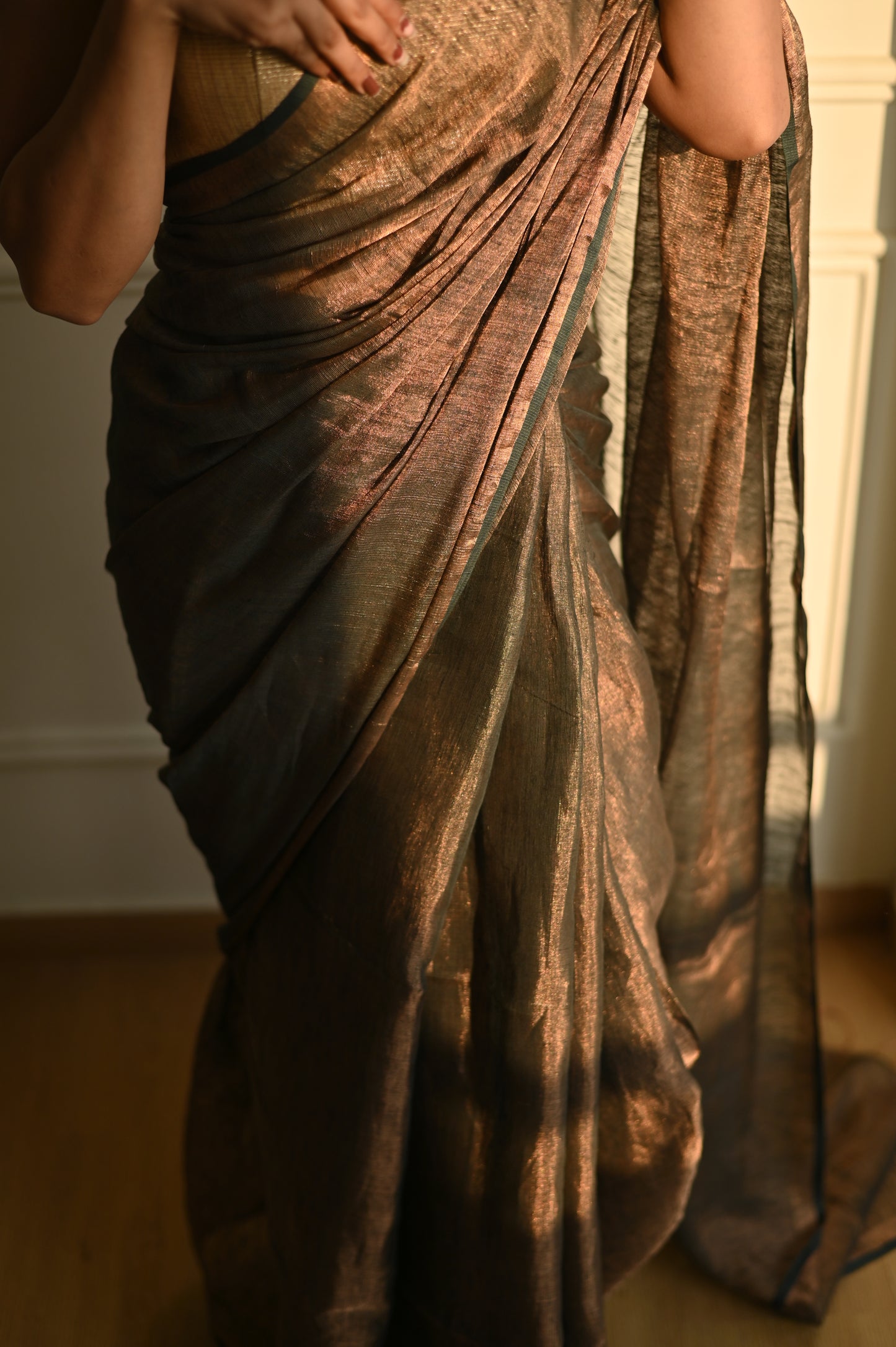 Champagne Gold Linen Tissue Saree
