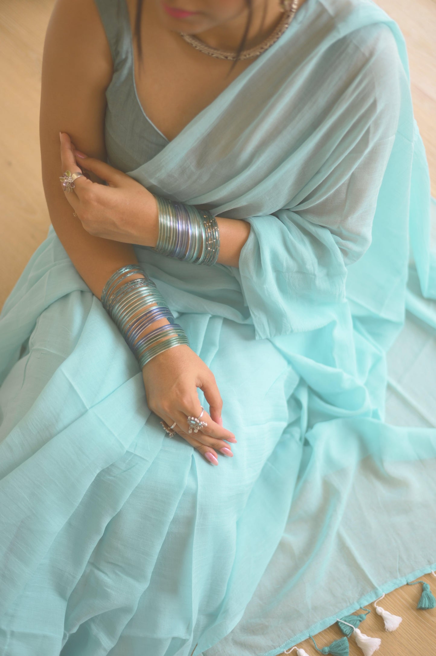 Powder Blue Mul Saree - Mayin India