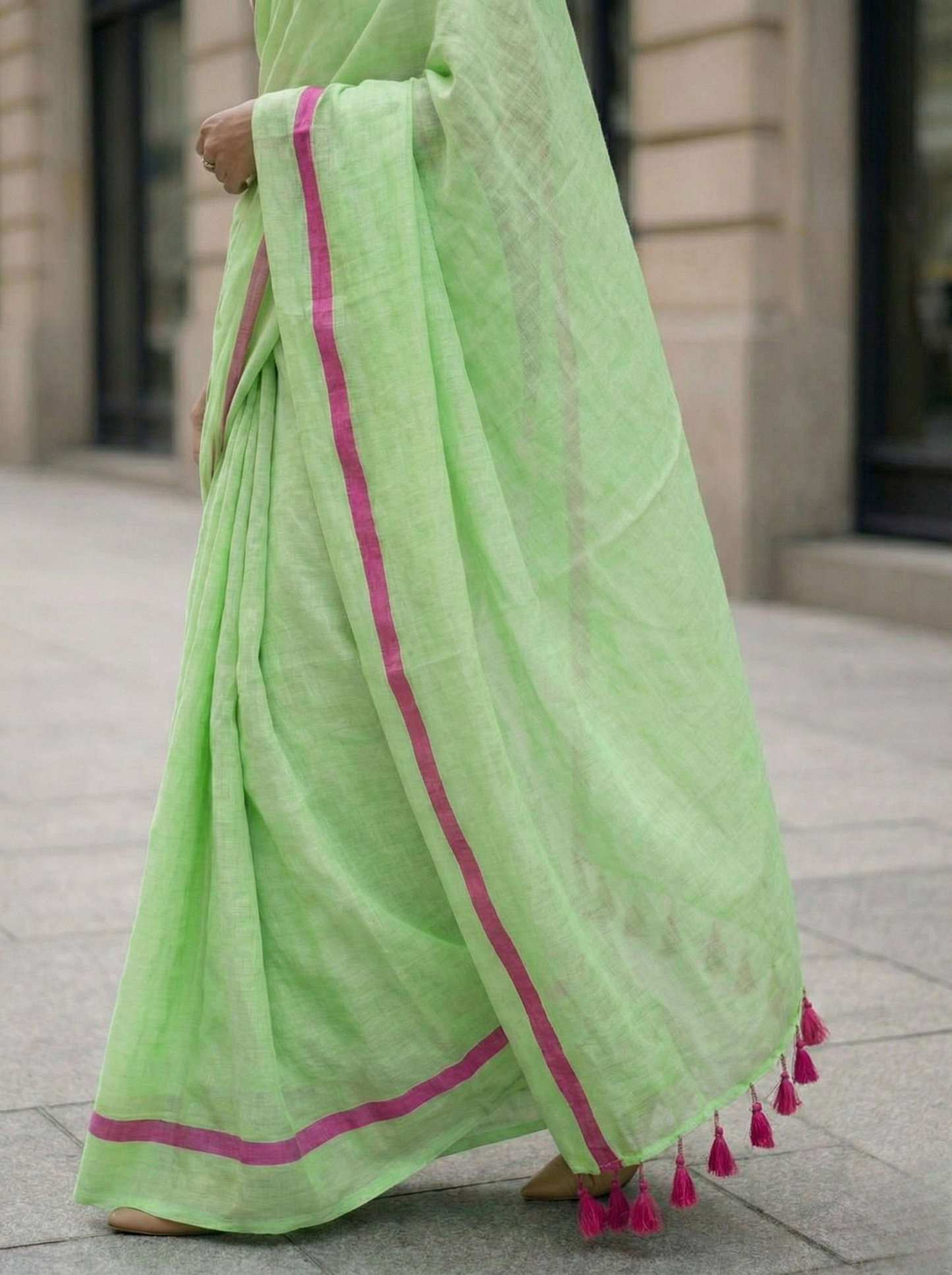 The Minimalist - Green Mulmul Cotton Saree with Pink Border