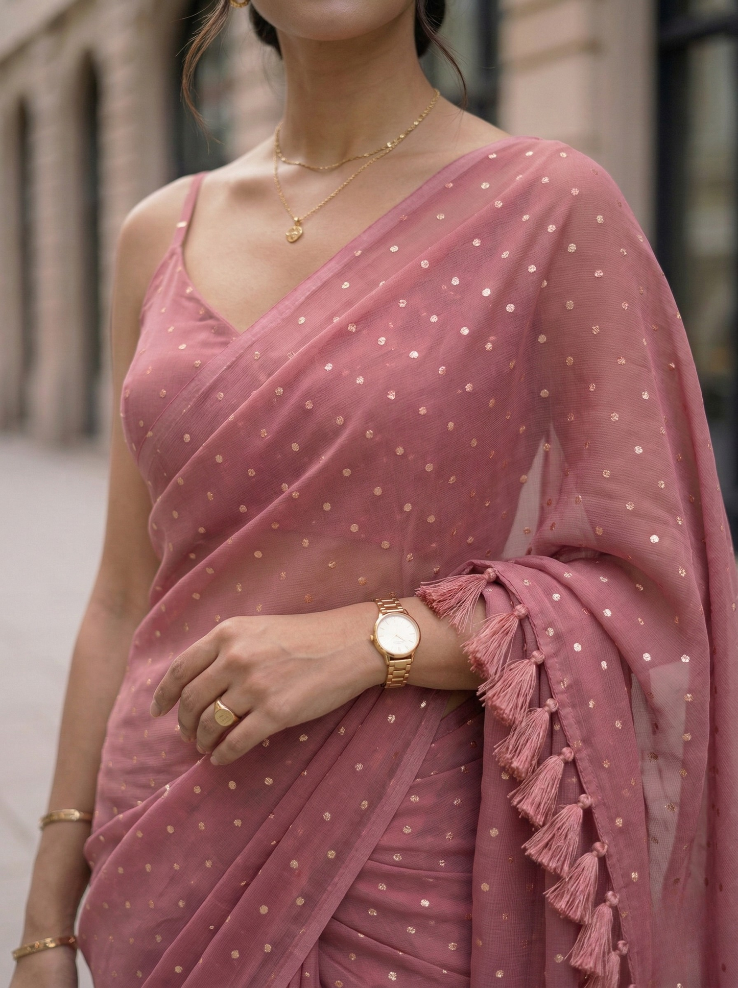 Vintage Speckle - Dusty Rose Polka Dot Modal Cotton Saree