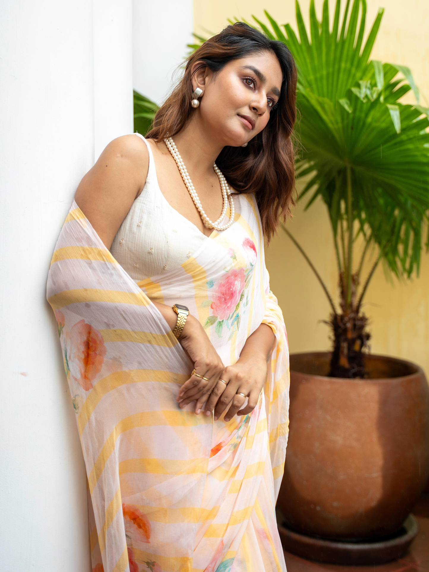 Eden - Yellow Gingham Print Pure Chiffon Partywear Saree