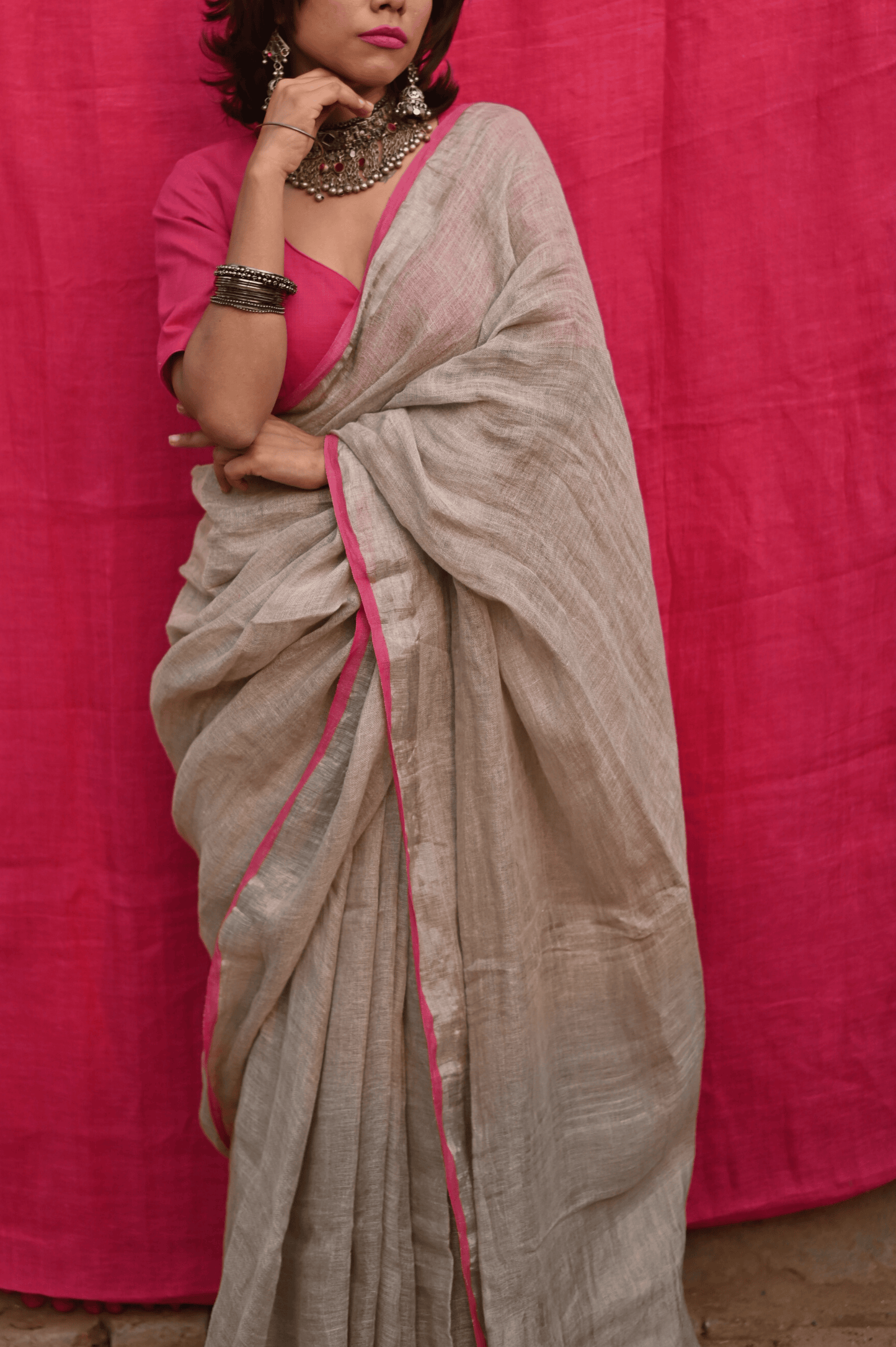Ivory Handloom Linen Saree