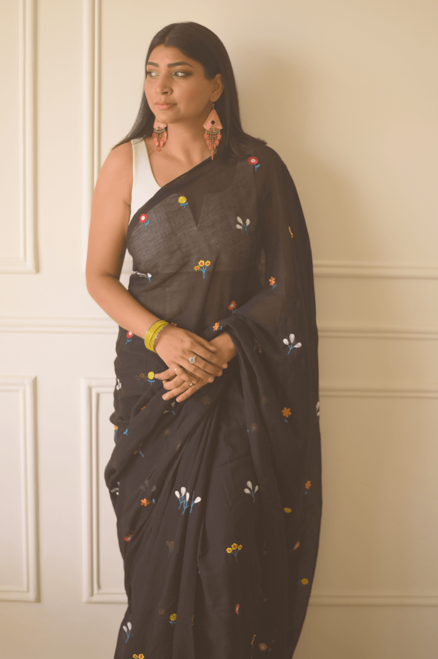 Gardenalia Black Mulmul Saree - Mayin India