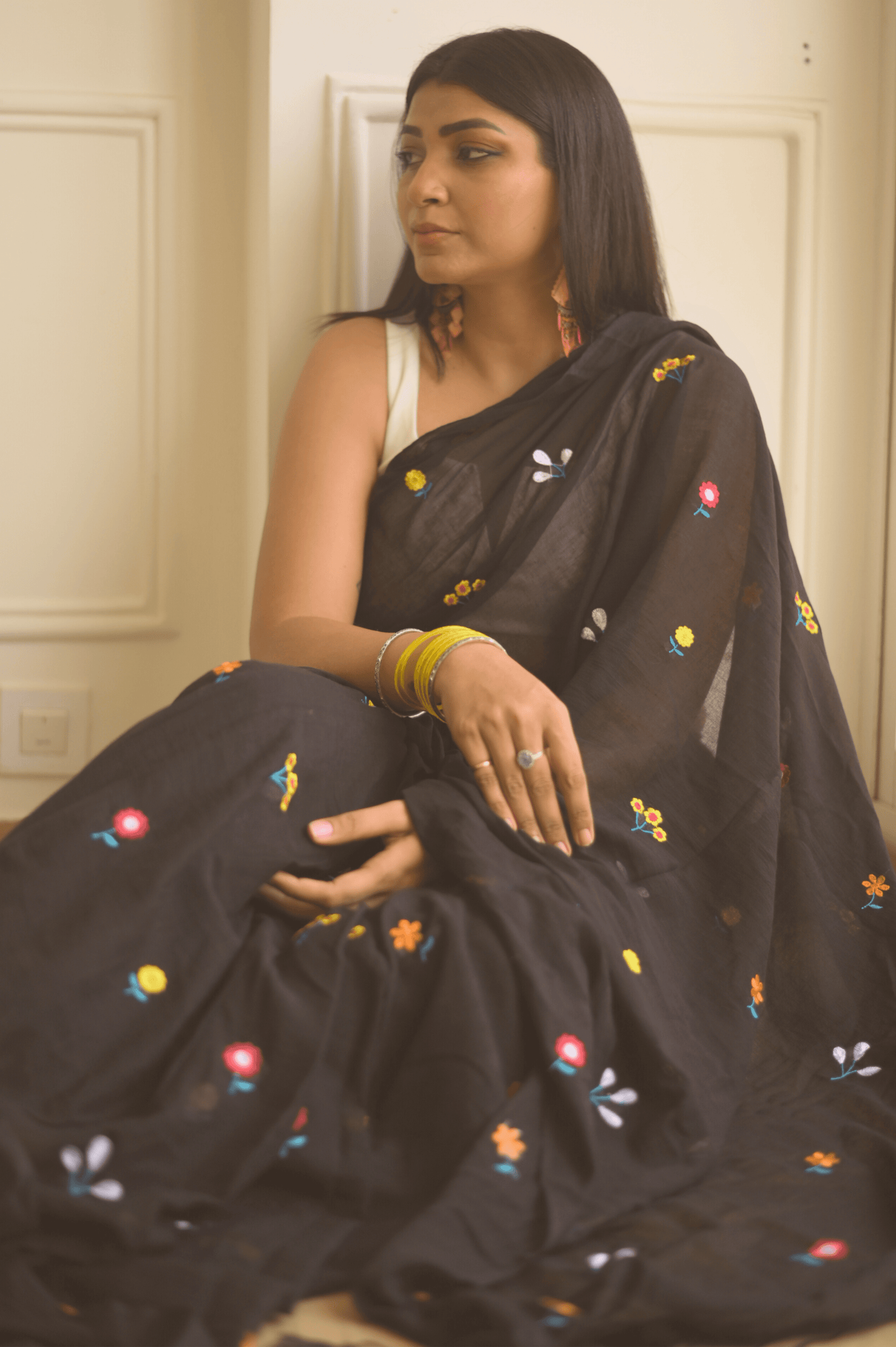 Gardenalia Black Mulmul Saree - Mayin India
