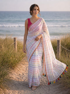 Rangam - White Striped Pure Mulmul Cotton Saree