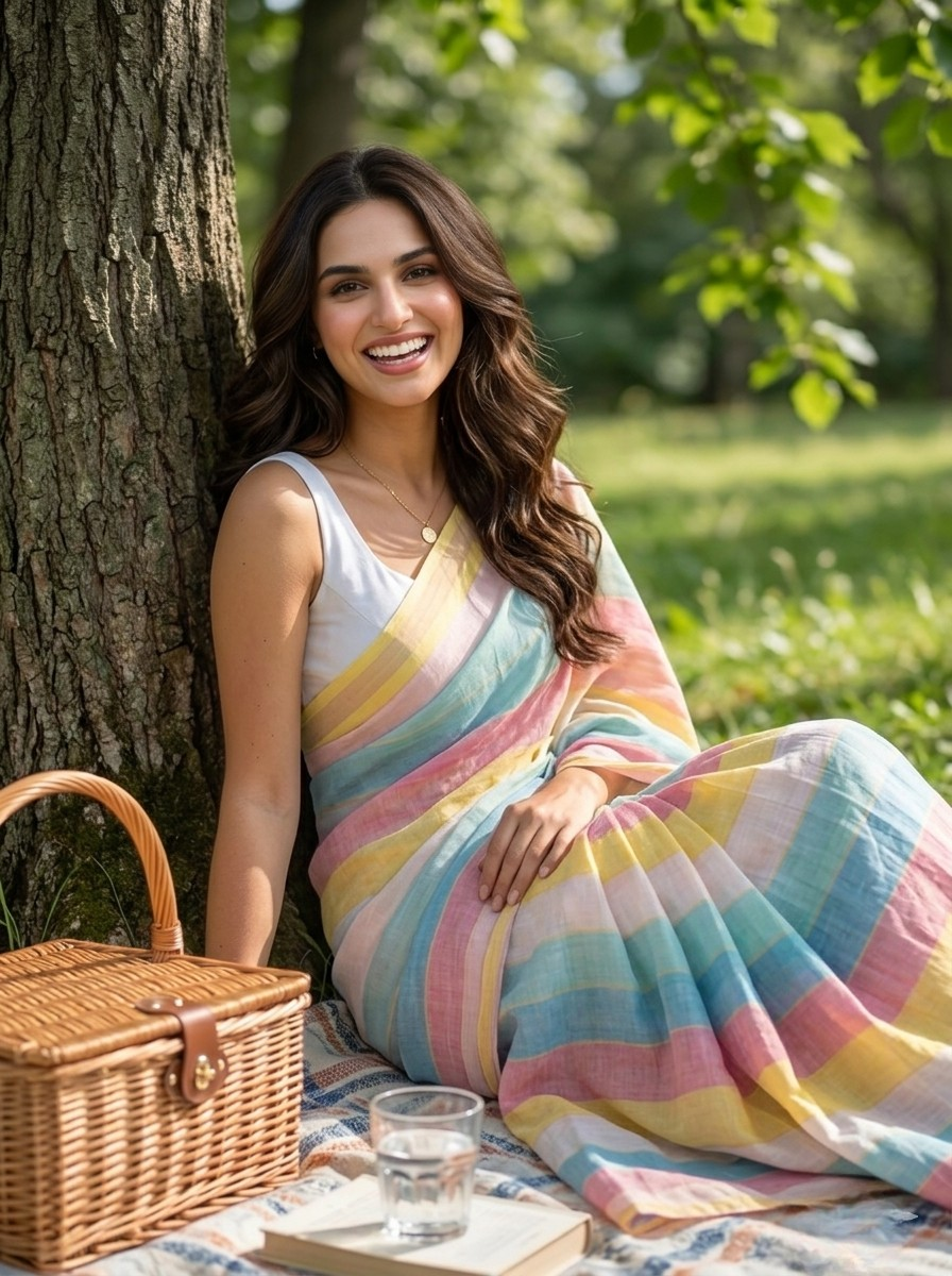 Rainbow - Multicolour Striped Mulmul Cotton Saree