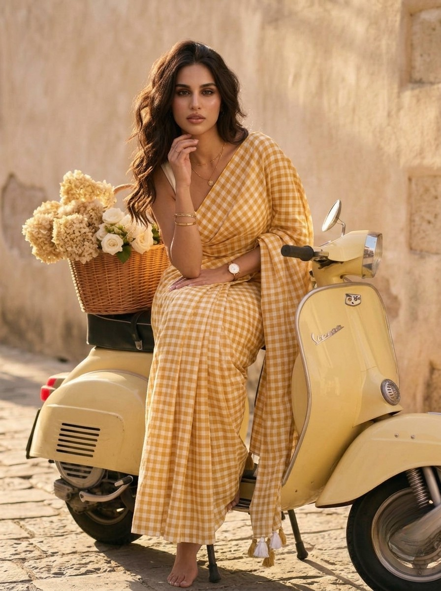 Harvest Sun - Mustard Yellow Gingham Mulmul Cotton Saree