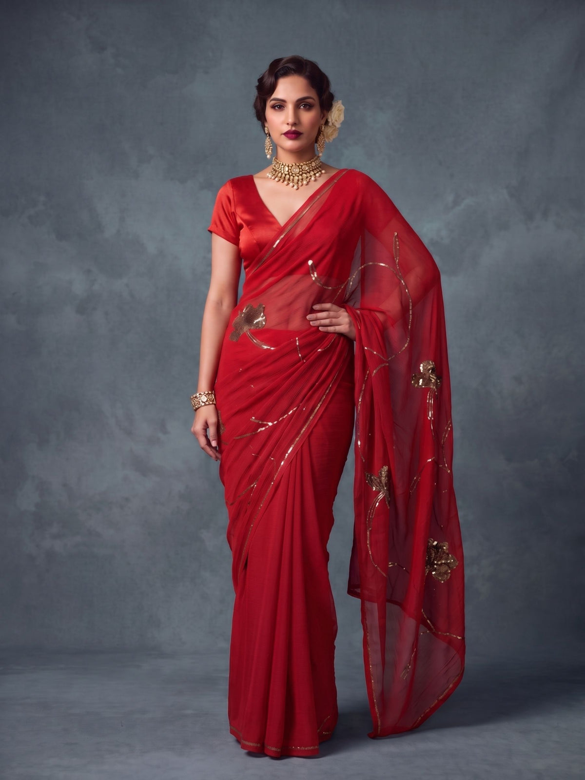 Ruby - Red Gold Sequin Pure Chiffon Partywear Saree