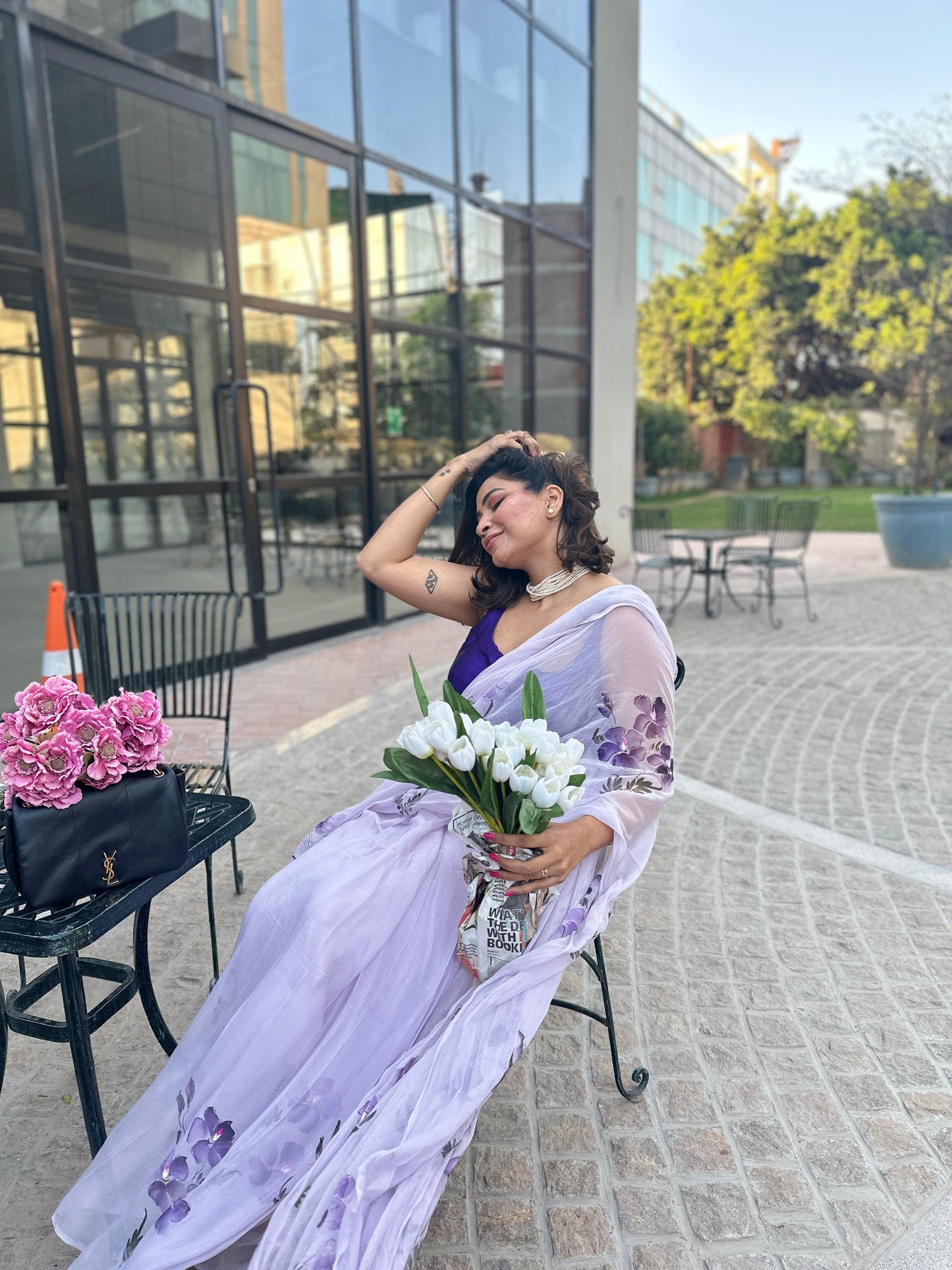 European Viola - Lavender Floral Hand Painted Pure Chiffon Saree