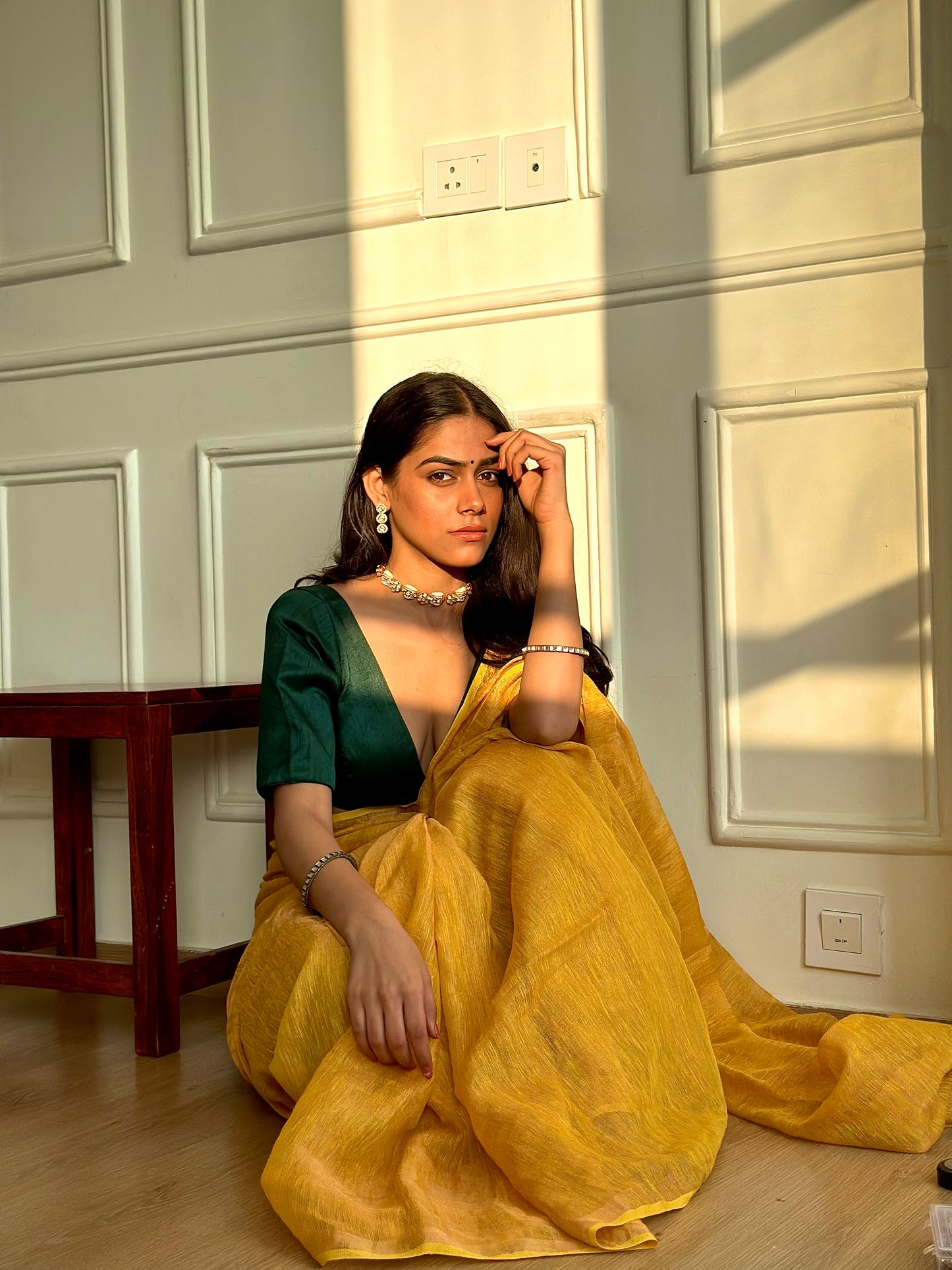 Mustard Handloom Linen Tissue Saree