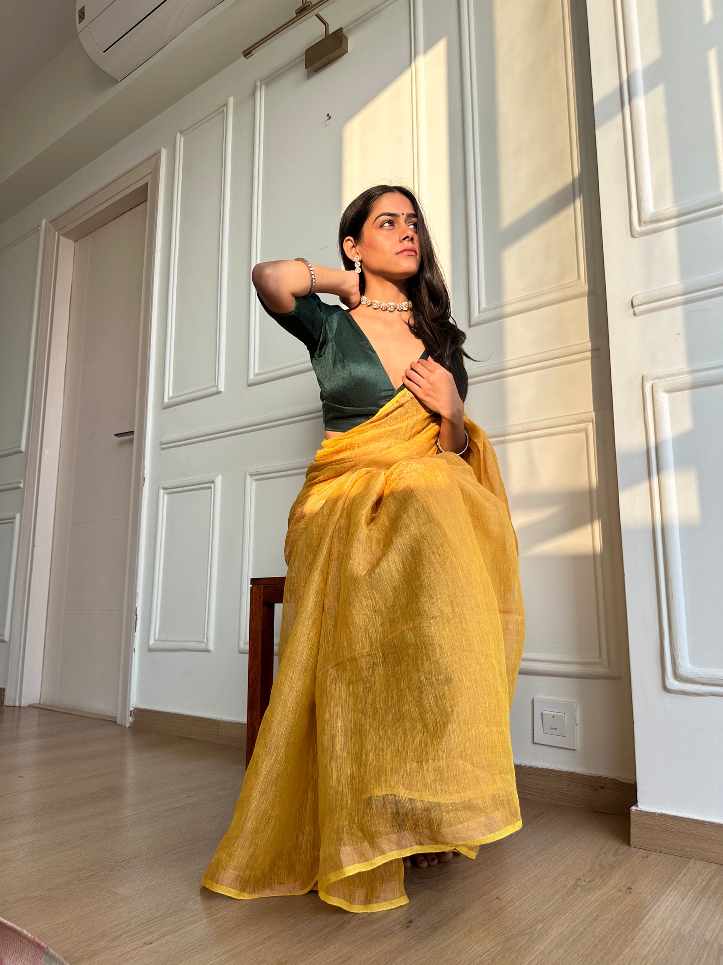 Mustard Handloom Linen Tissue Saree