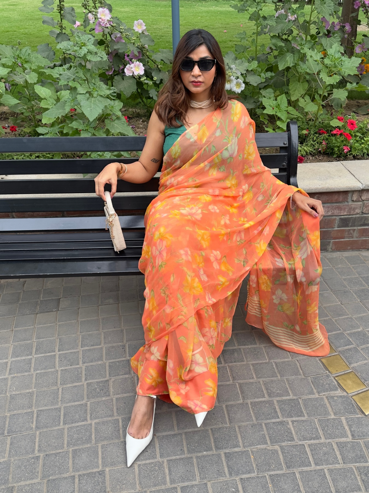 Elara - Orange Floral Print Pure Chiffon Saree