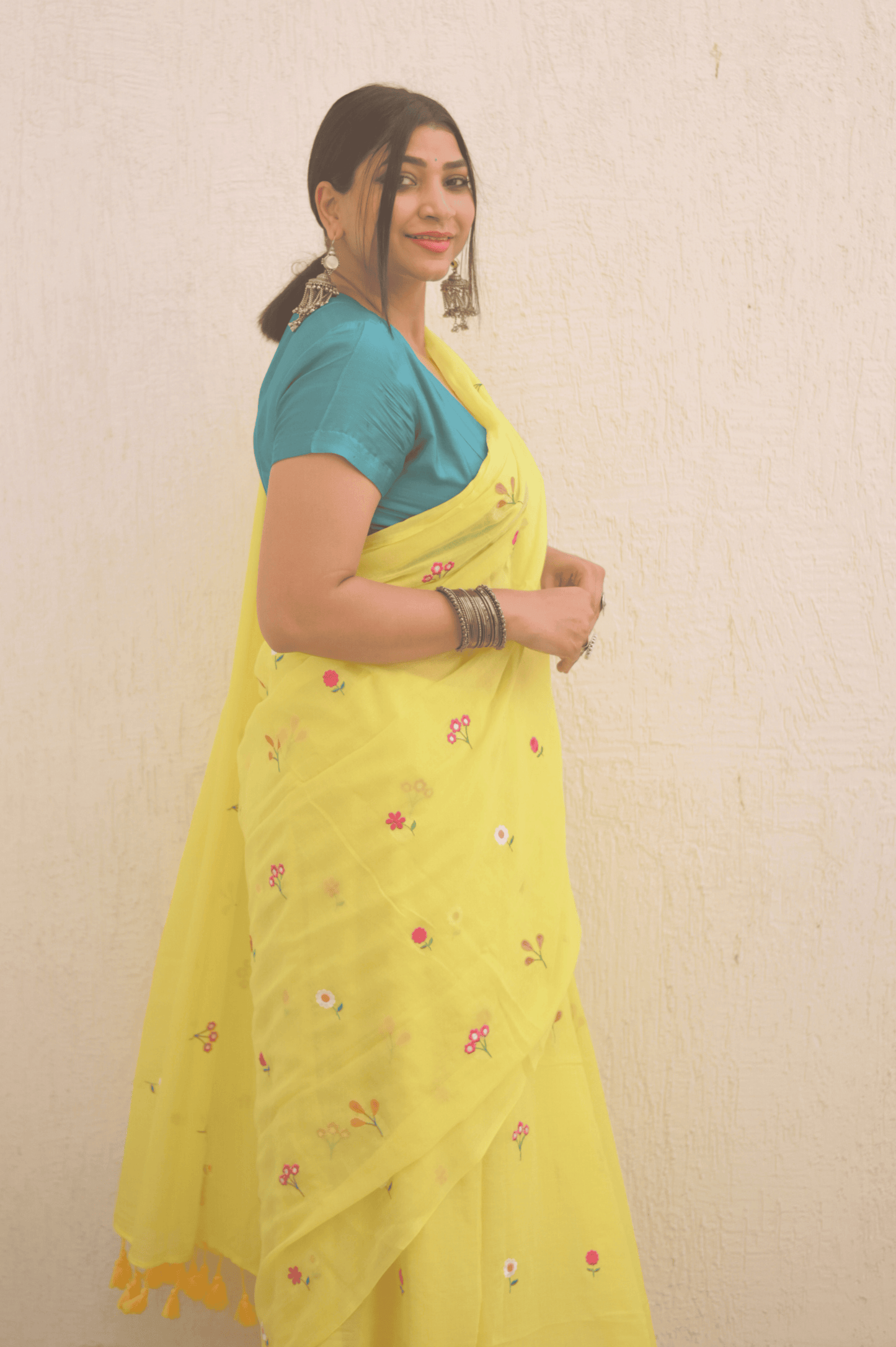 Gardenalia Yellow Mul Saree - Mayin India