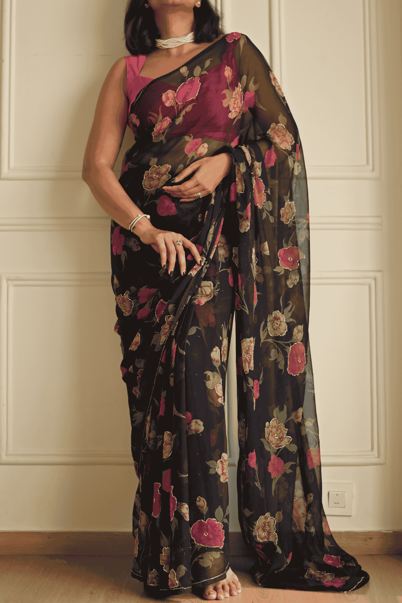 Vintage Blue - Floral Printed & Embroidered Chiffon Saree