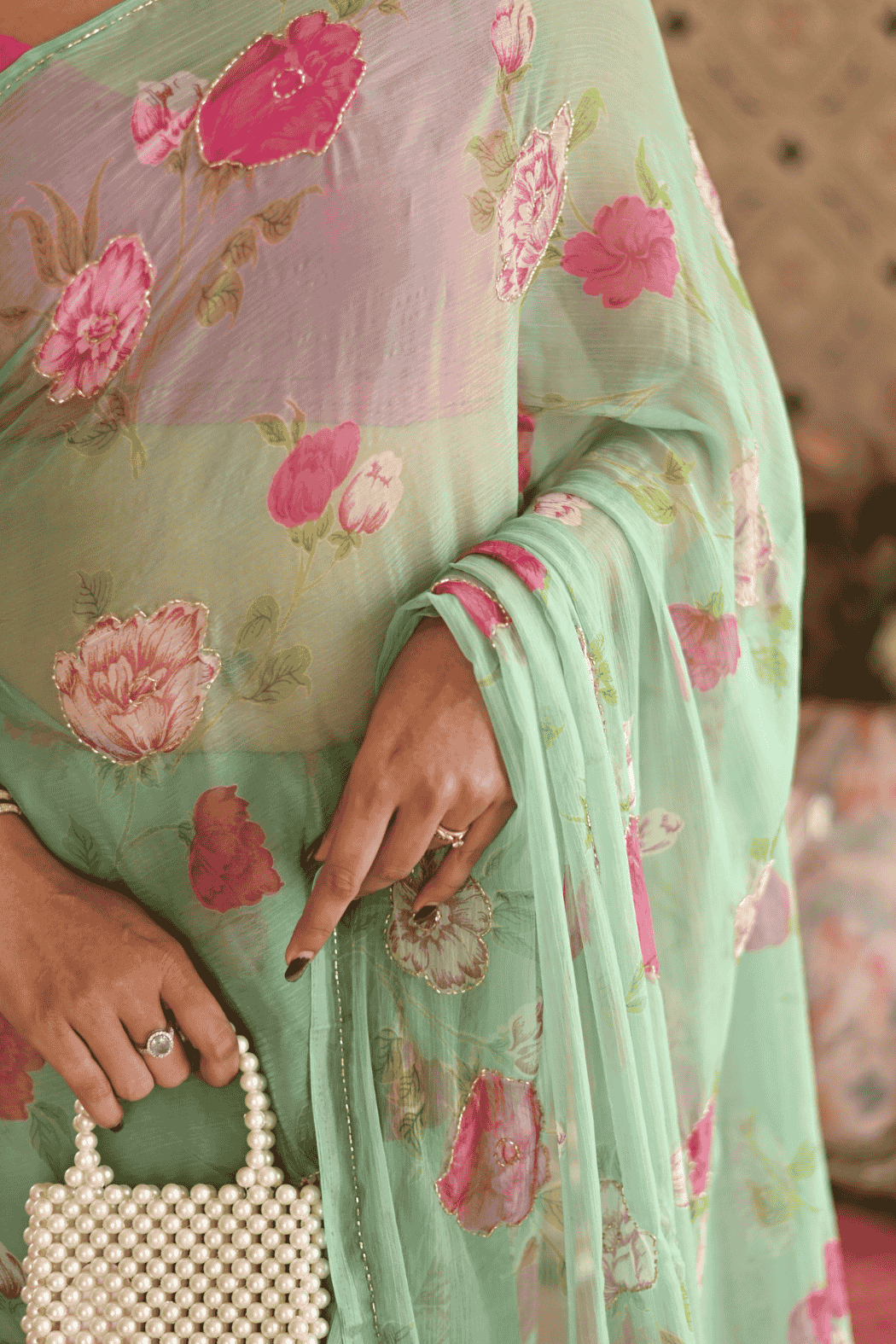 Vintage Green Chiffon Saree