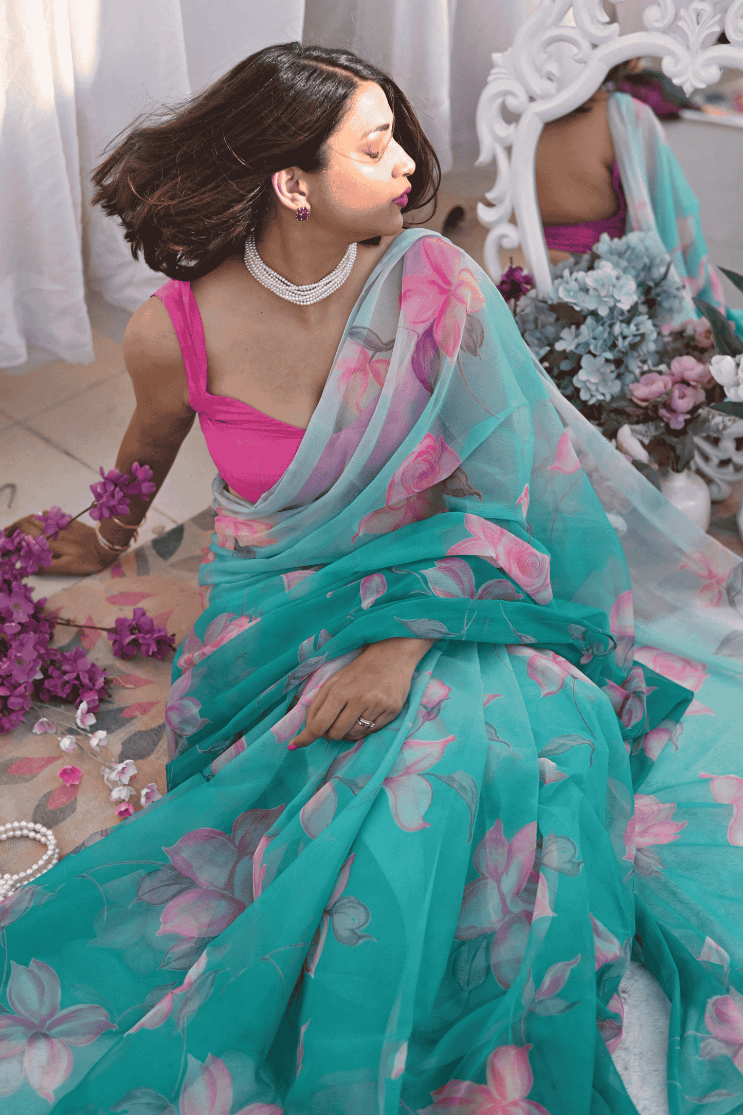 Ocean Rose Chiffon Saree