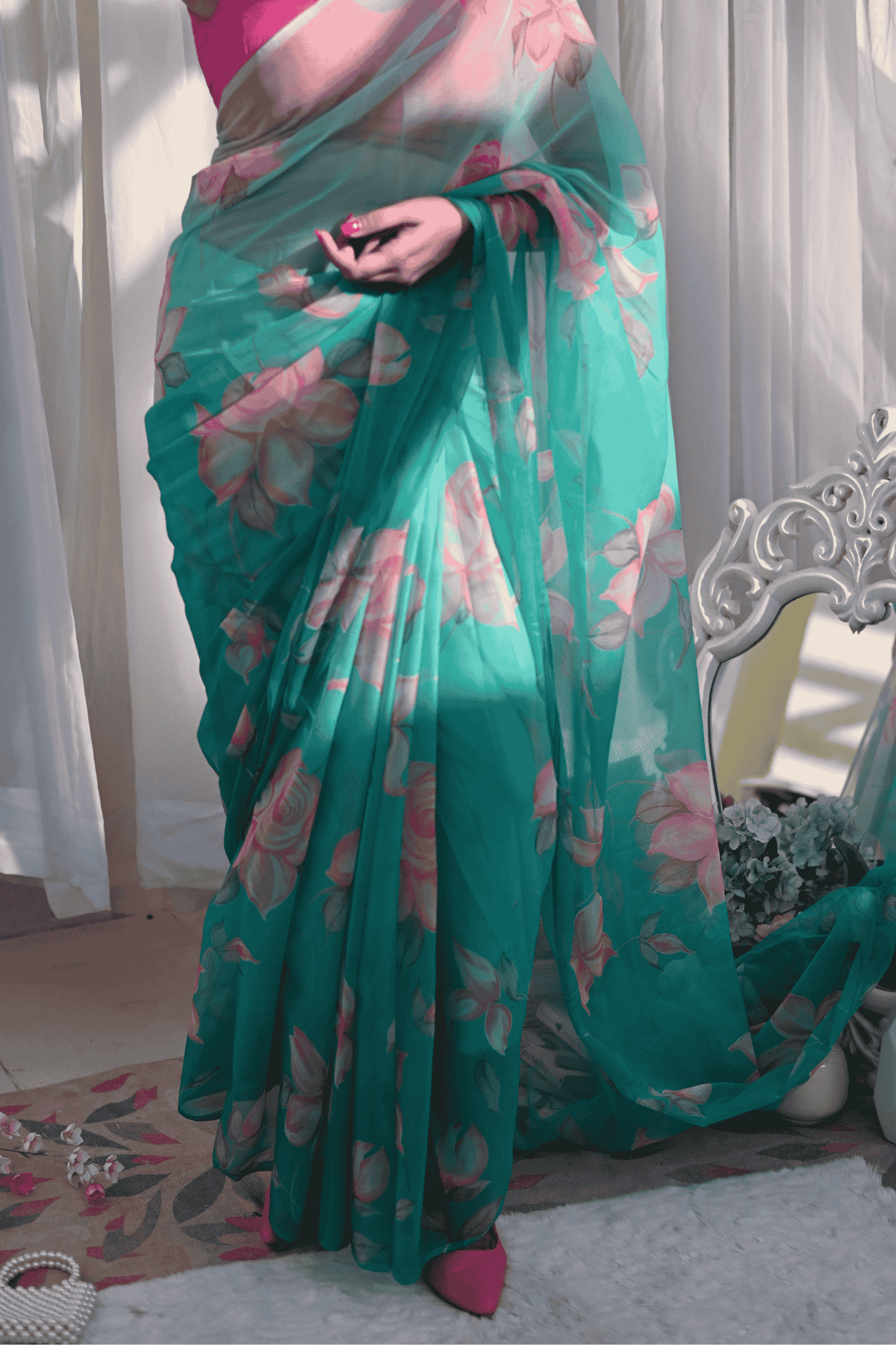 Ocean Rose Chiffon Saree