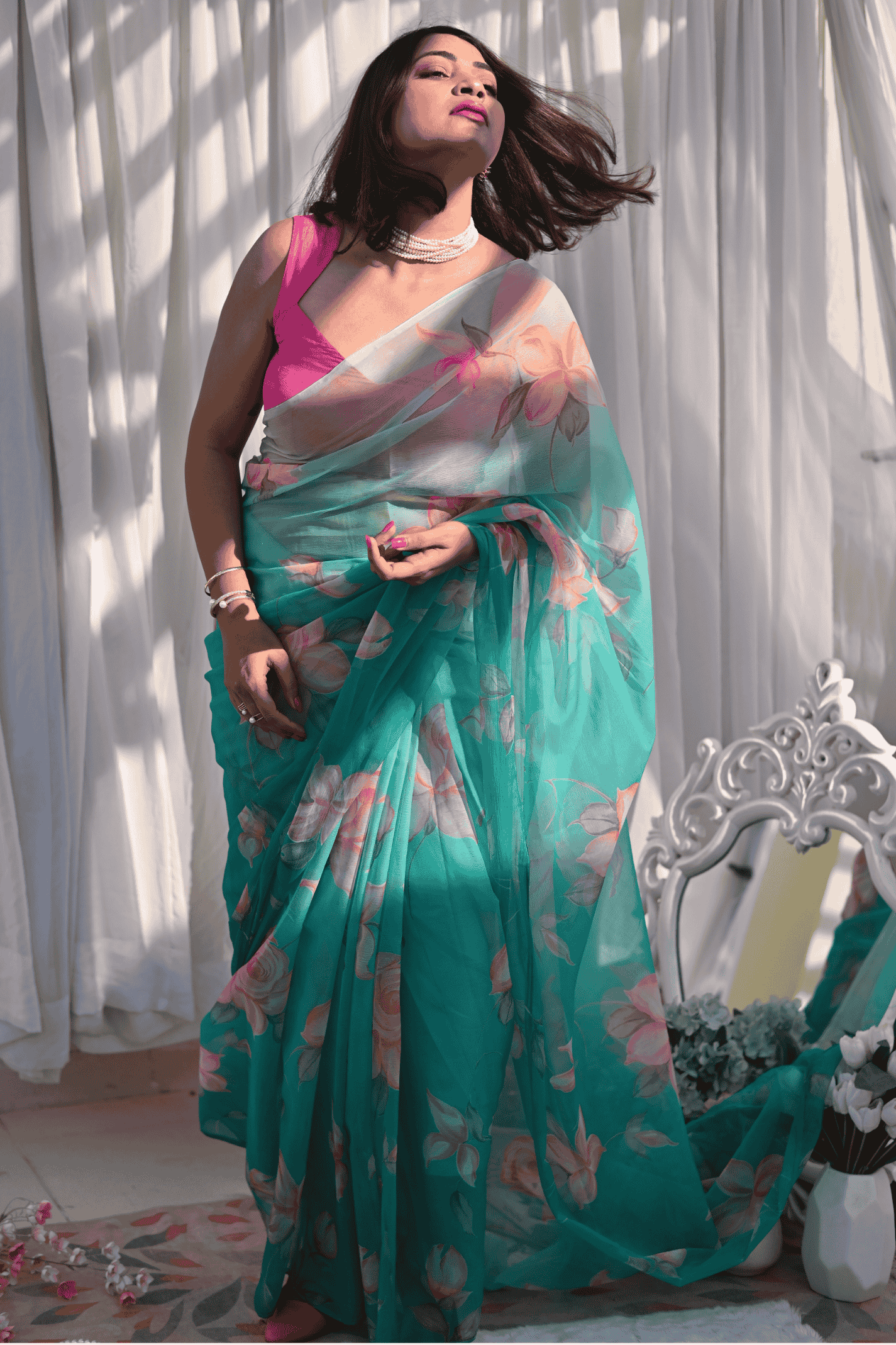 Ocean Rose Chiffon Saree
