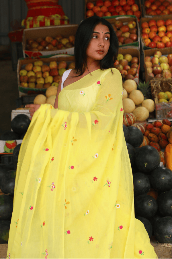 Gardenalia Yellow Mul Saree