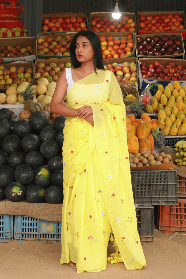 Gardenalia Yellow Mul Saree
