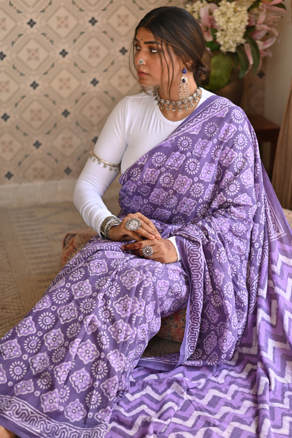 Dusty Purple Dabu Mulmul Saree