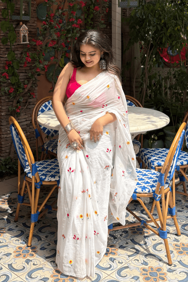 Gardenalia White Mul Saree