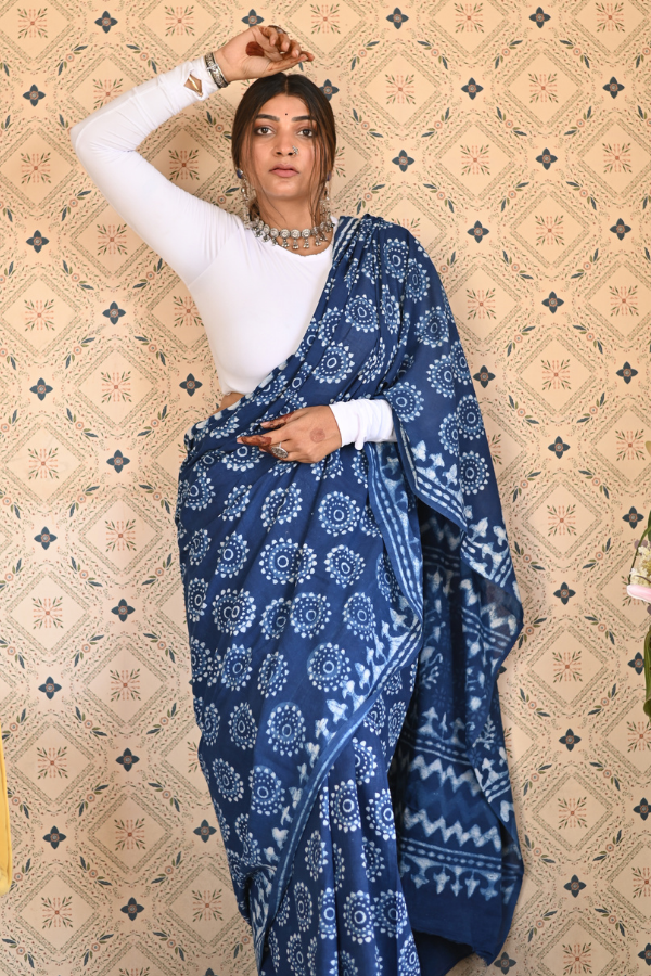 Indigo Dabu Mulmul Saree