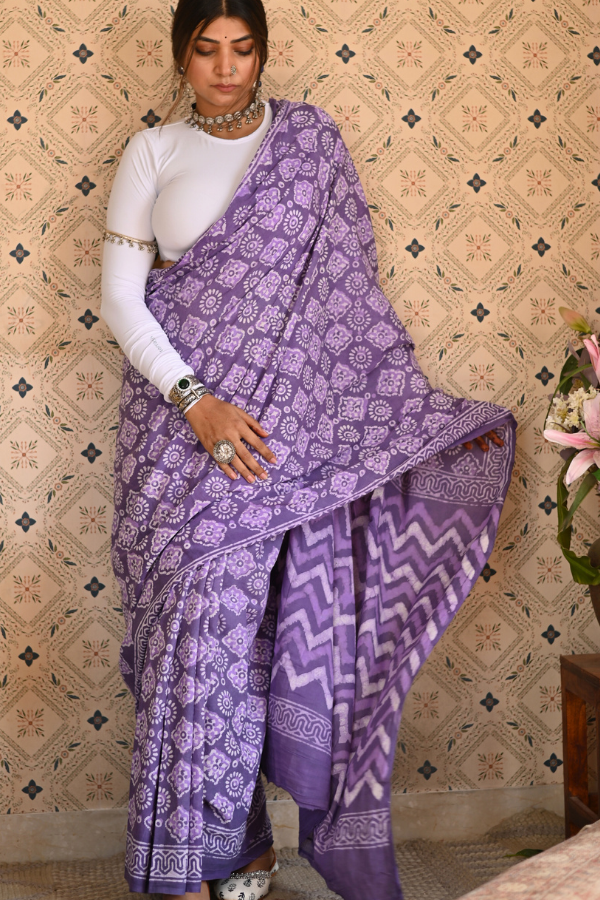 Dusty Purple Dabu Mulmul Saree