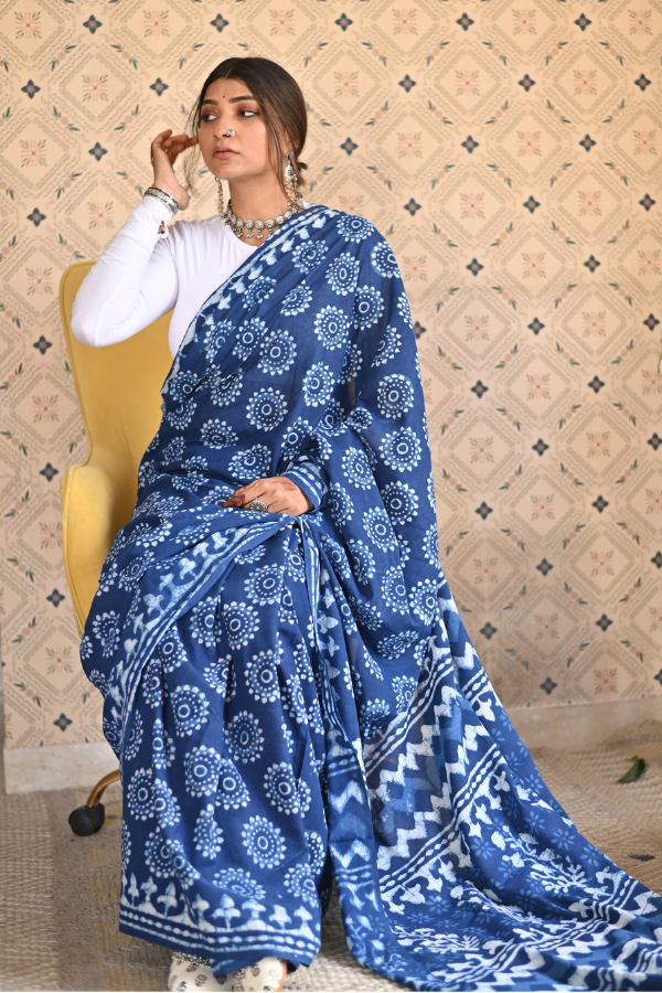 Indigo Dabu Mulmul Saree