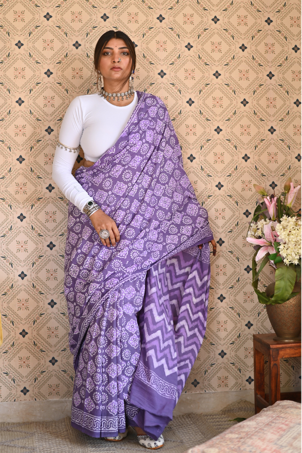 Dusty Purple Dabu Mulmul Saree