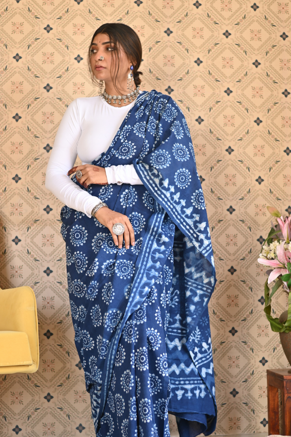 Indigo Dabu Mulmul Saree