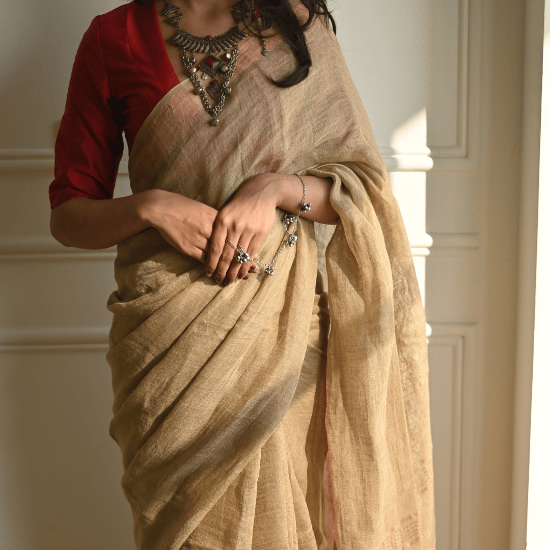 Beige Handloom Linen Saree