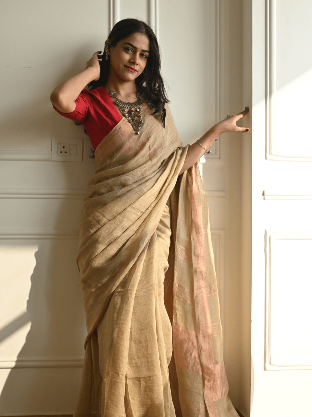 Beige Handloom Linen Saree