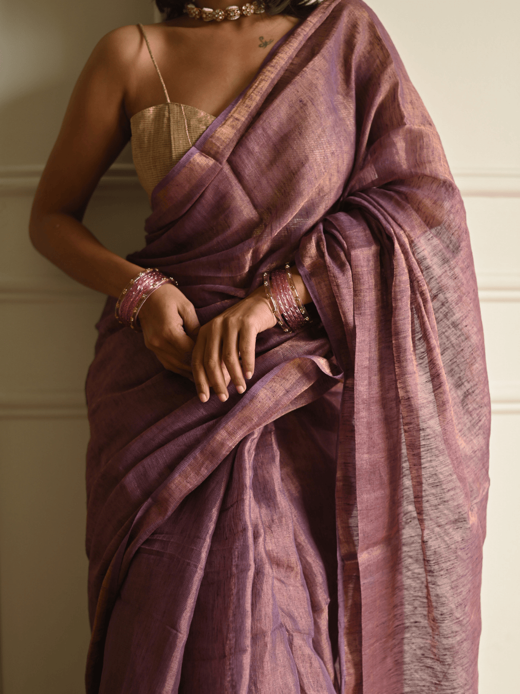 Aubergine Handloom Linen Tissue Saree