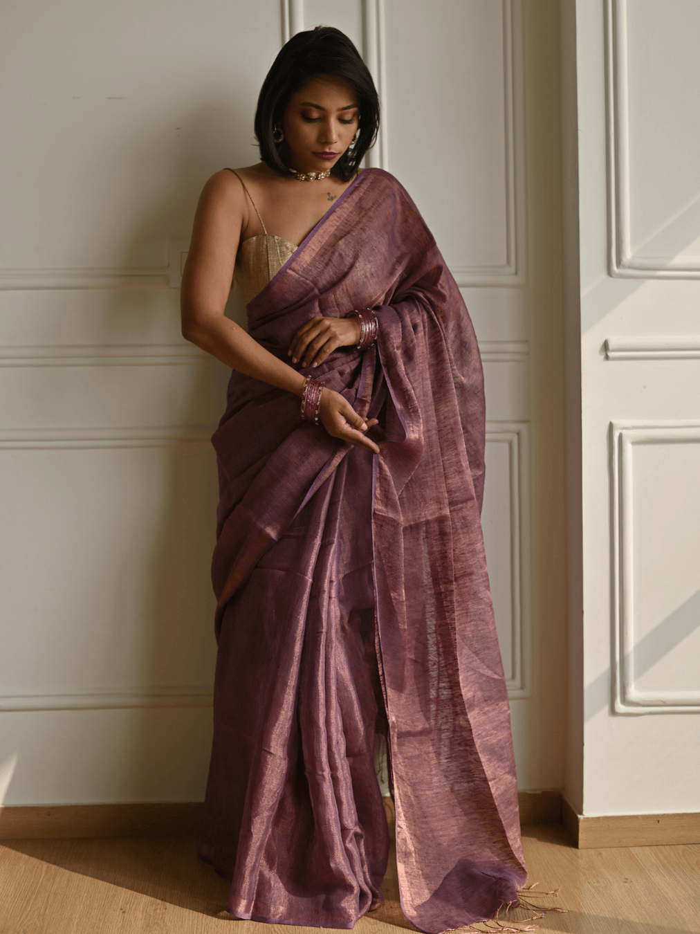 Aubergine Handloom Linen Tissue Saree