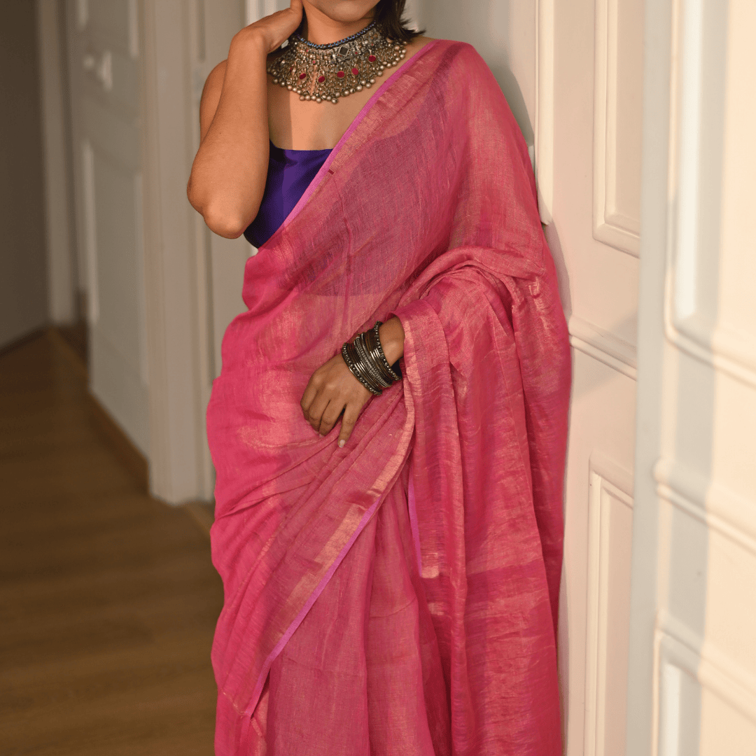 Blush Pink Handloom Linen Tissue Saree
