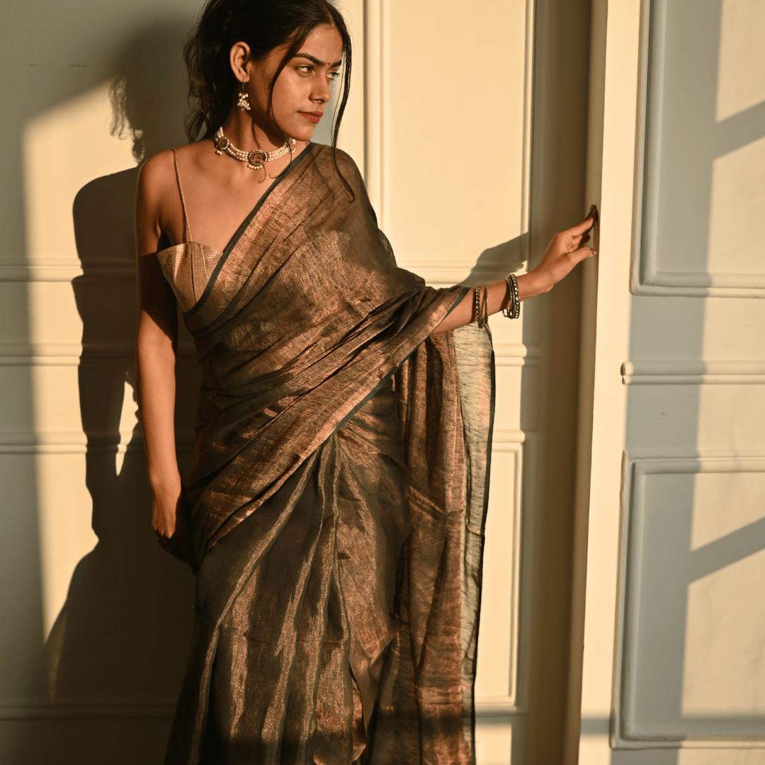 Champagne Gold Linen Tissue Saree