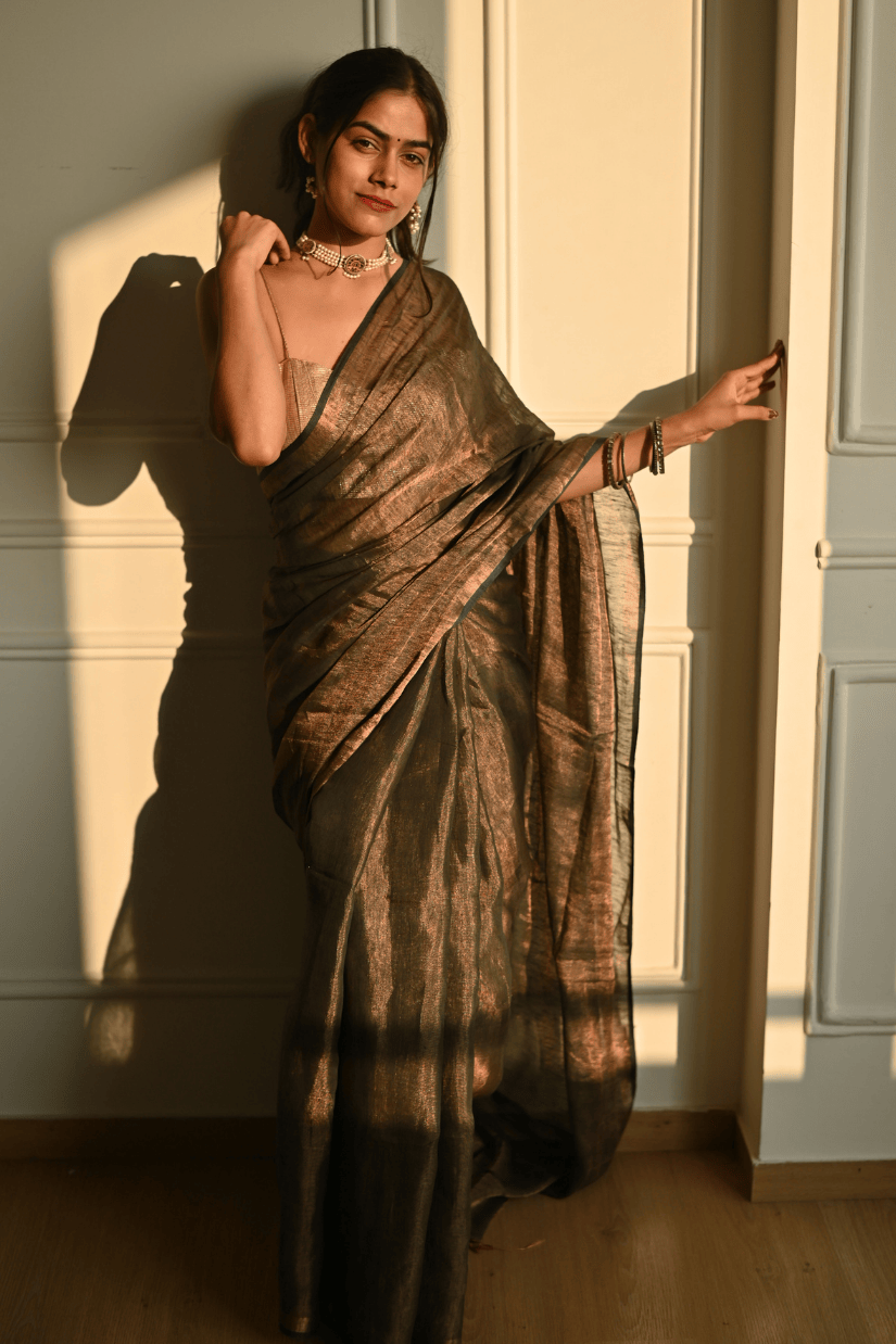 Champagne Gold Linen Tissue Saree