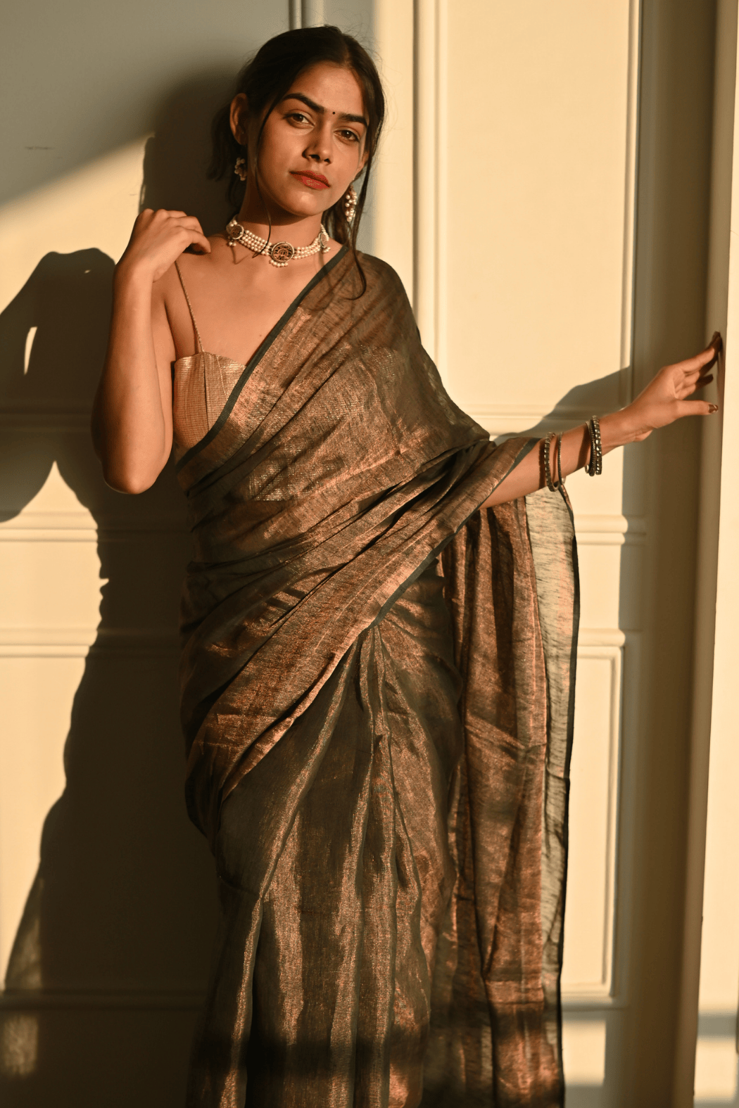 Champagne Gold Linen Tissue Saree