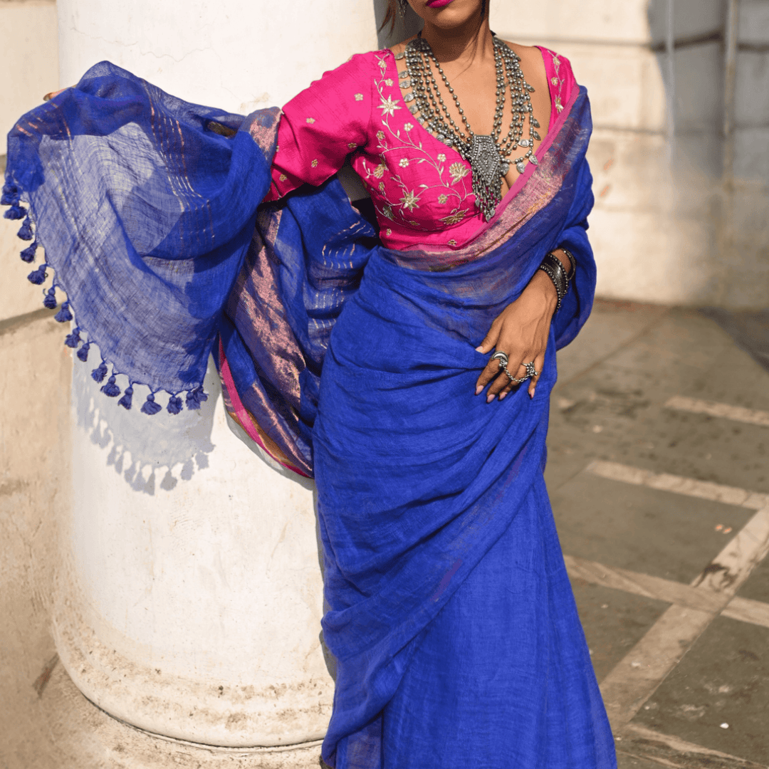 Deep Blue Handloom Linen Saree