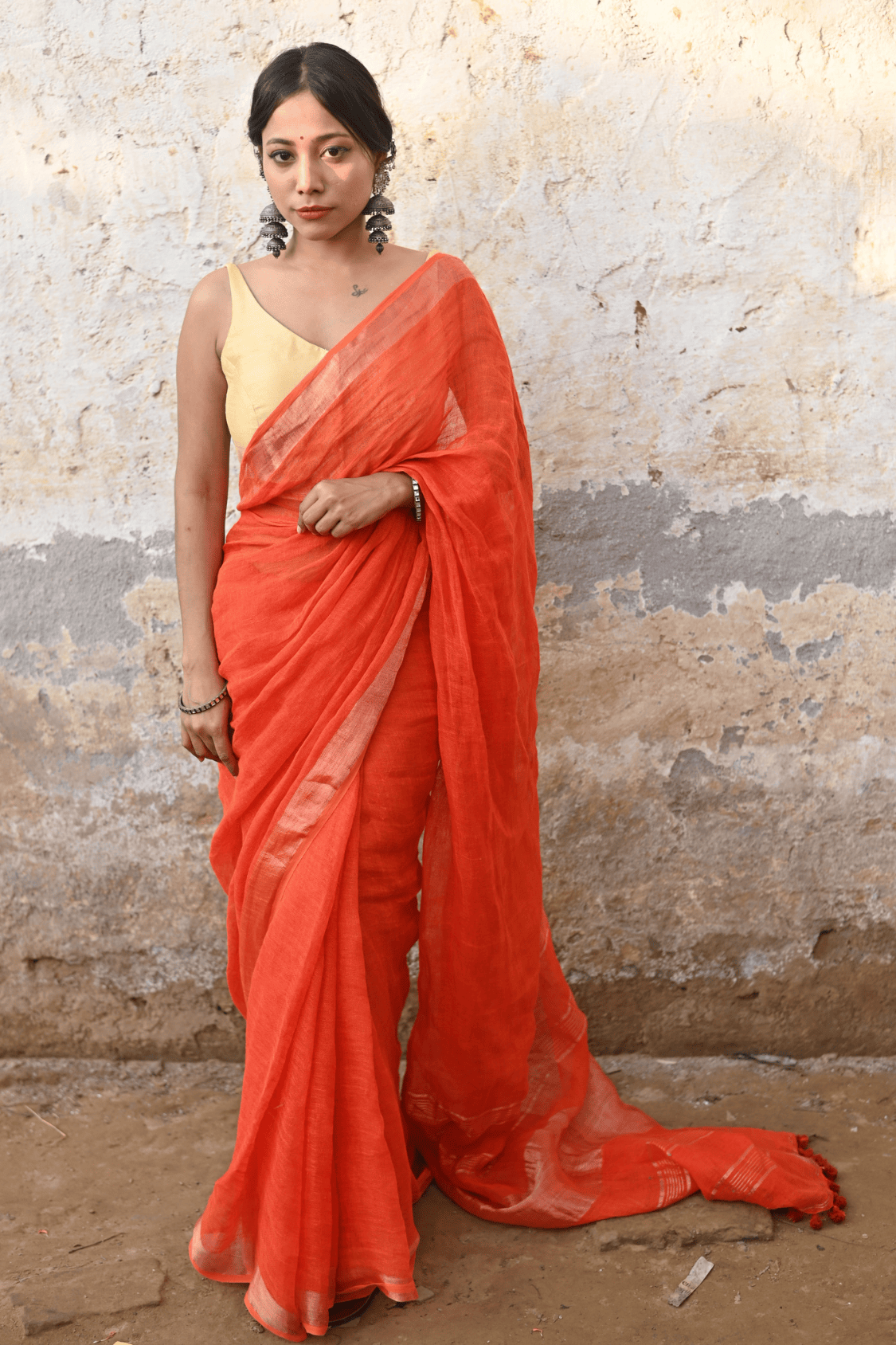 Orange Handloom Linen Saree