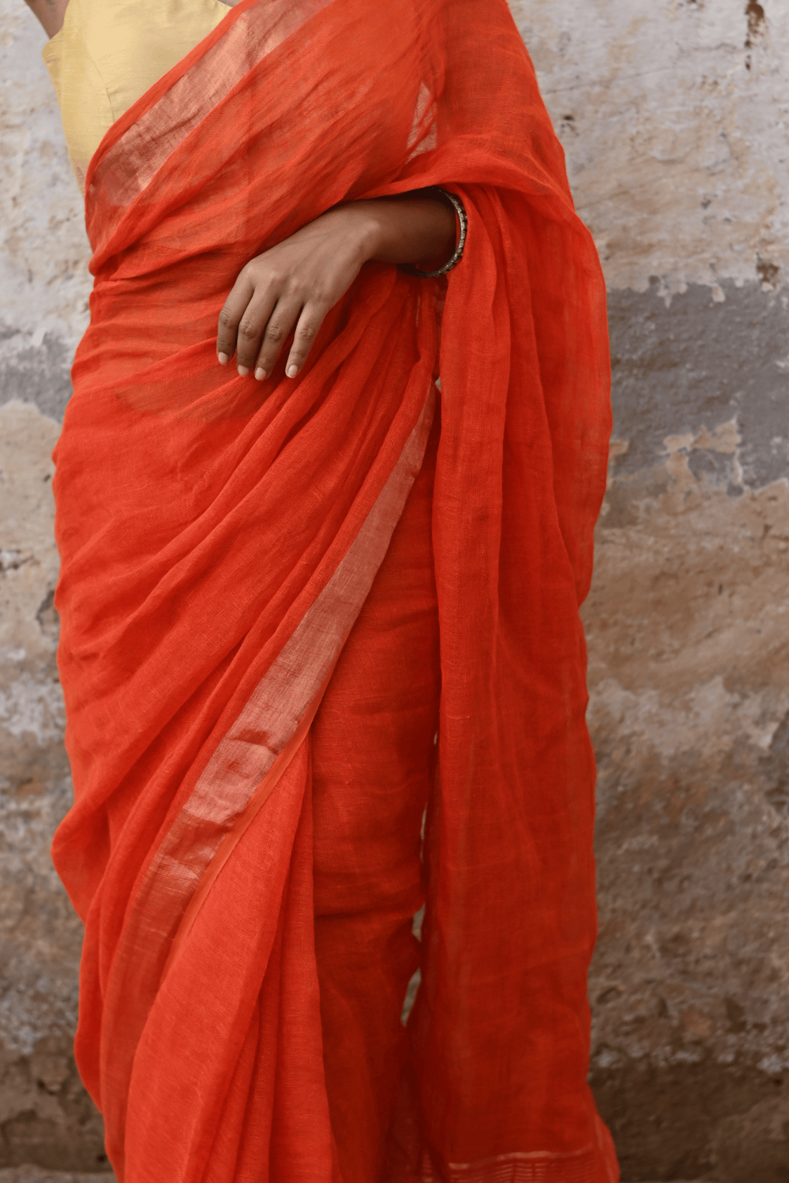 Orange Handloom Linen Saree